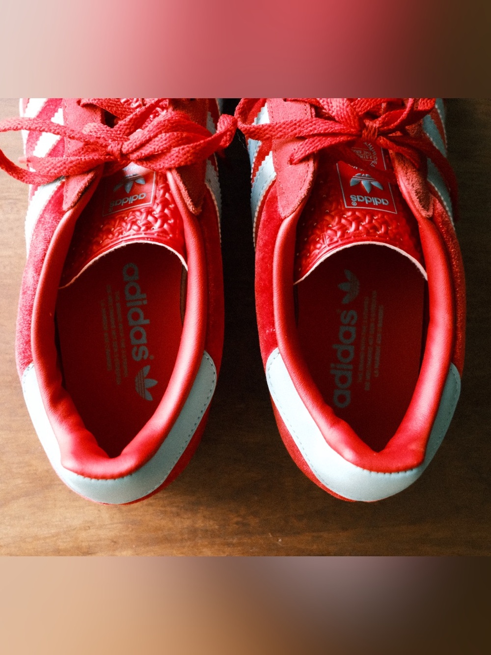 Adidas Gazelle - Red Suede Sneakers with Turquoise Stripes - Picture 7 of 8